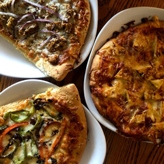 Home baked pizzas birds eye view