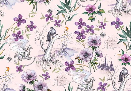 Fabulous trendy fashion pattern print decorative textile wallpaper tile medieval, castle with towers, sword in stone Excalibur, watercolor flowers, dragon and an old map on a light pink background.