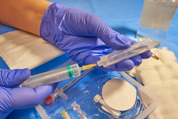 Preparing an anesthesia kit close-up. Epidural anesthesia