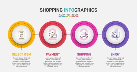 Concept of shopping process with 4 successive steps. Four colorful graphic elements. Timeline design for brochure, presentation, web site. Infographic design layout.