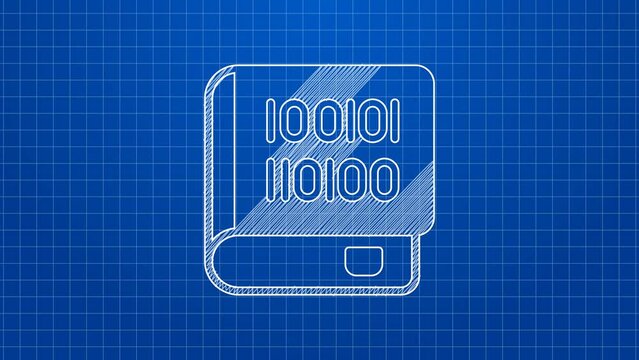White line Books about programming icon isolated on blue background. Programming language concept. PHP, CSS, XML, HTML, Javascript learning. 4K Video motion graphic animation