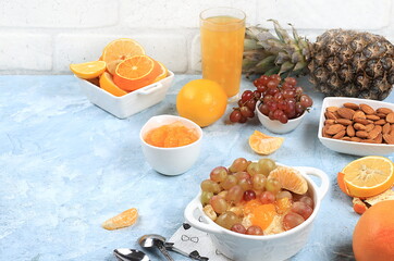 Detox diet and weight loss concept, healthy breakfast with ingredients, Fruit drink and summer...