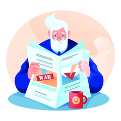 A gray-haired man reads a newspaper. News, alarm.
Vector illustration, character design.