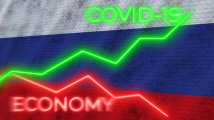 Russia Flag and COVID-19 Coronavirus Economy Neon Titles – 3D Illustration