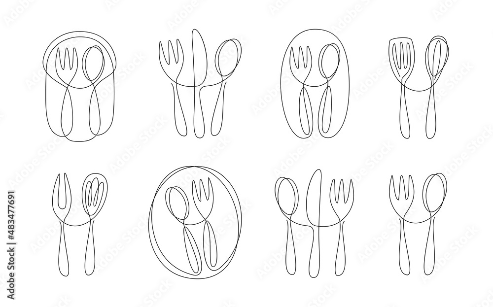 Wall mural restaurant spoon and fork logo line vector drawing. modern minimalist simple linear style. cooking i