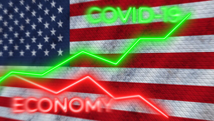 United States of America Flag and COVID-19 Coronavirus Economy Neon Titles – 3D Illustration