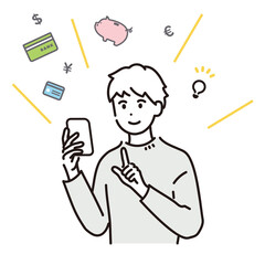 スマートフォンでお金の管理をする男性のイラスト素材
