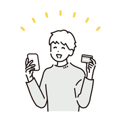 スマートフォンでカードの利用明細を確認し、安心する男性のイラスト素材