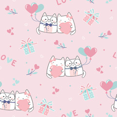 Seamless Kawaii Cute Cats Fallin’ in Love, Cartoon Animals Pattern design for scrapbooking, decoration, cards, paper goods, background, wallpaper, wrapping, fabric and all your creative projects