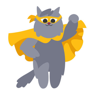 Superhero cat in yellow costume. Fictional character in cartoon style