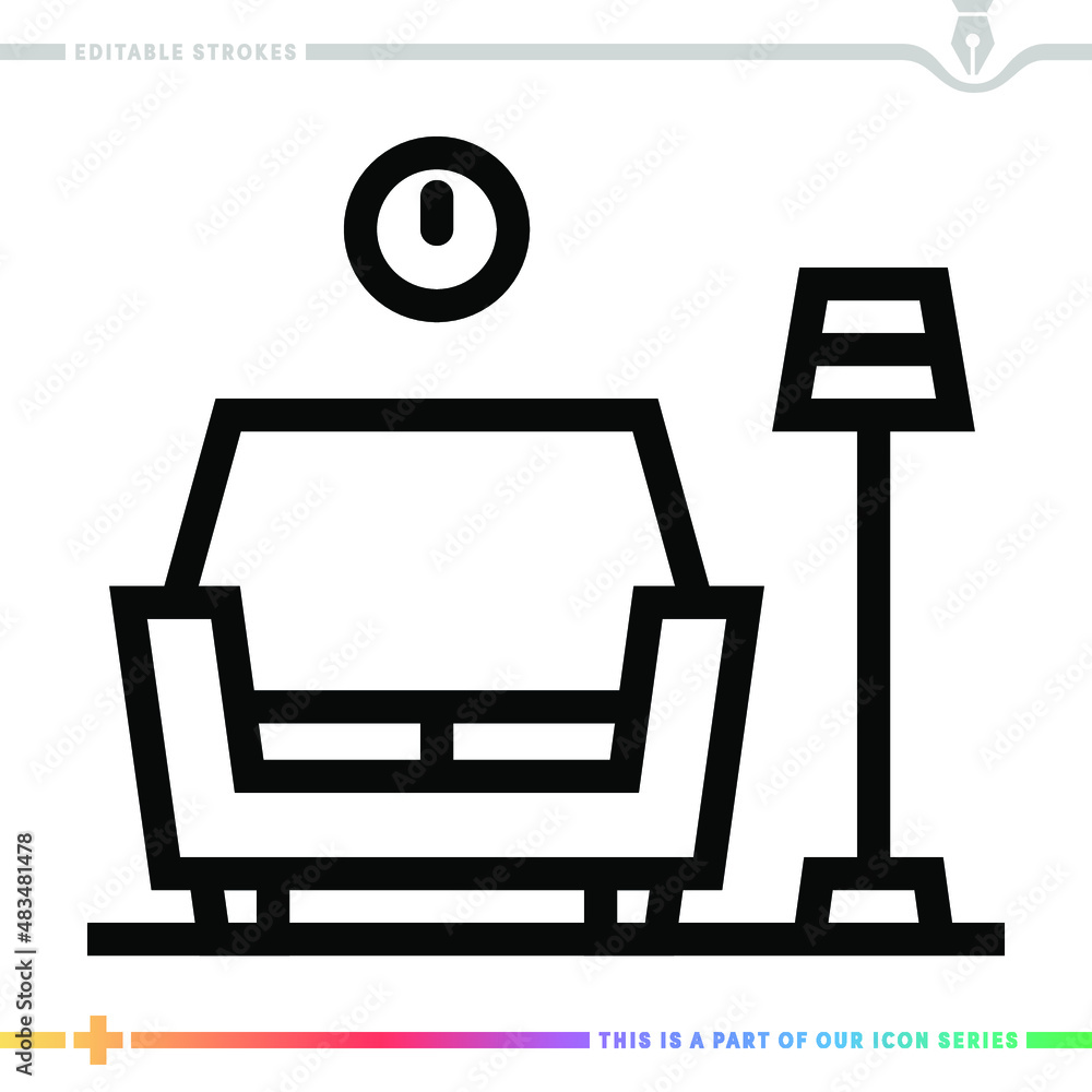 Poster Line icon for studio couch illustrations with editable strokes. This vector graphic has customizable stroke width.
