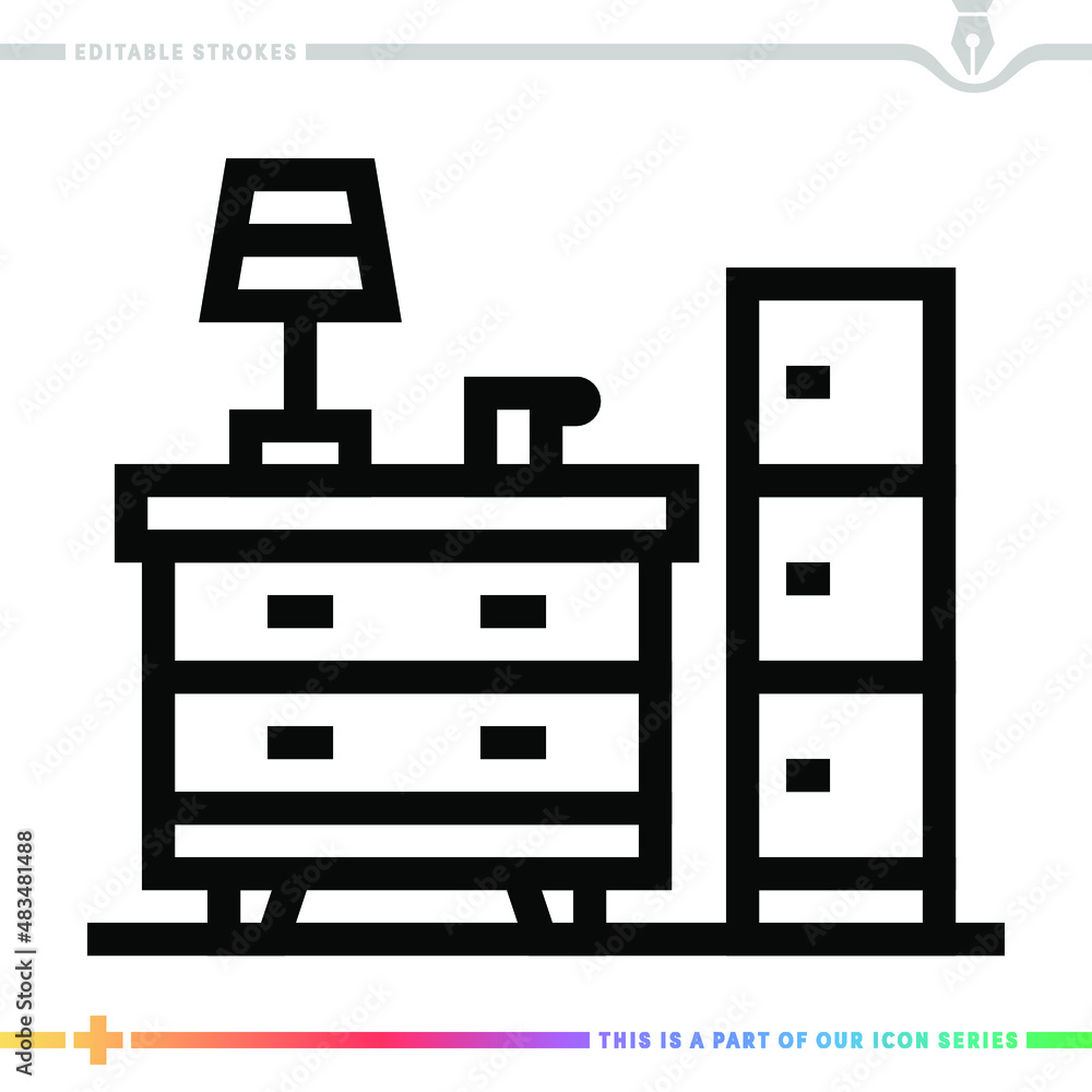 Poster line icon for drawer cabinet illustrations with editable strokes. this vector graphic has customizab