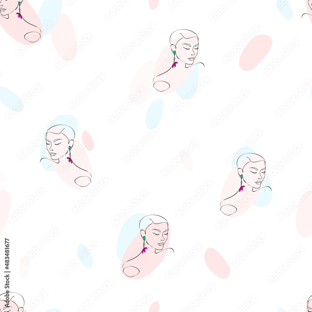 Poster retro abstract pattern with blue seamless pattern beautiful women on white background. vector graphi