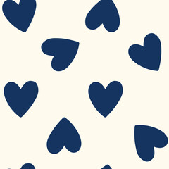 All over seamless vector repeat pattern with big navy blue hand drawn doodle hearts on cream background. Simple cute kids Valentines day background