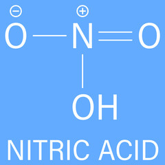 Nitric acid or HNO3 strong mineral acid molecule. Used in production of fertilizer and explosives. Skeletal formula.