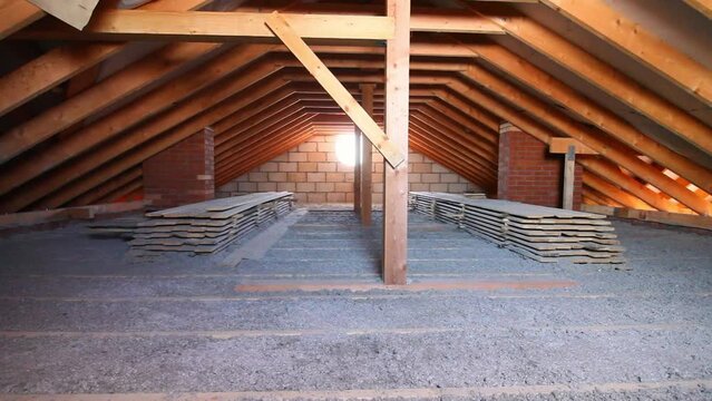 Cellulose insulation installed in the attic. Insulated house