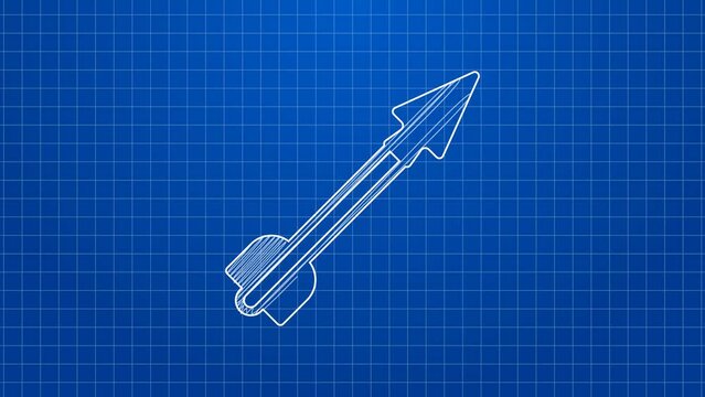 White line Medieval arrow icon isolated on blue background. Medieval weapon. 4K Video motion graphic animation