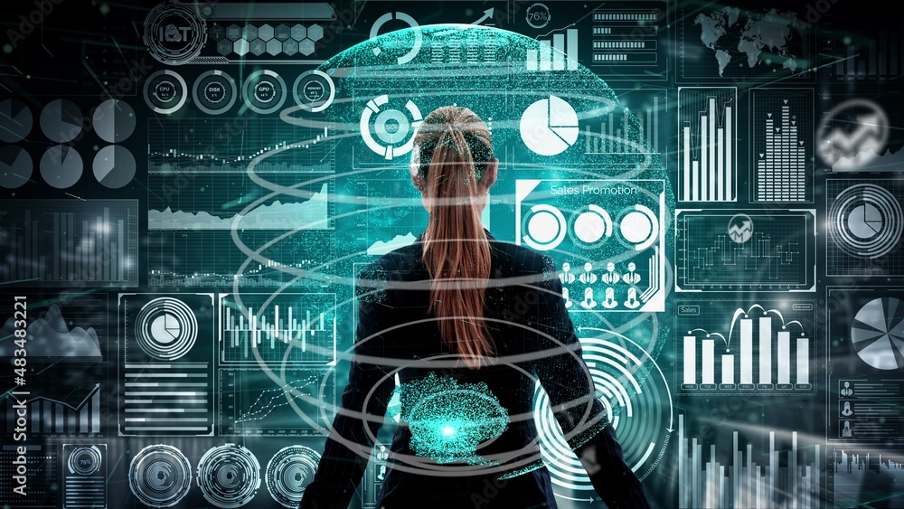 Poster big data technology for business finance analytic conceptual . modern graphic interface shows massiv