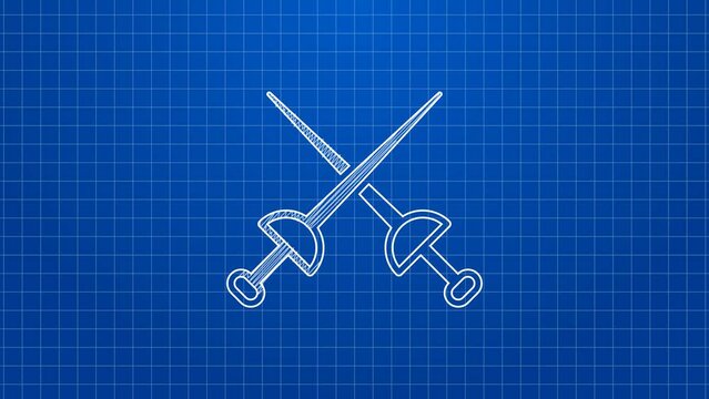 White line Fencing icon isolated on blue background. Sport equipment. 4K Video motion graphic animation