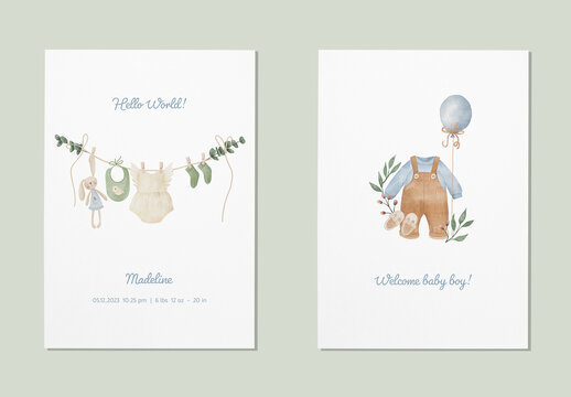 Baby Birth Announcement Cards Set with Watercolor Illustrations