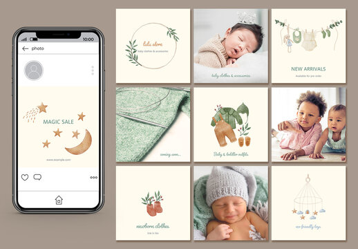 Baby Clothing Store Post Layouts with Watercolor Illustrations