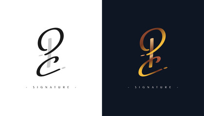 P and C Signature Initial Logo Design with Handwriting Style in Gold Gradient. PC Signature Logo or Symbol for Wedding, Fashion, Jewelry, Boutique, Botanical, Floral and Business Identity