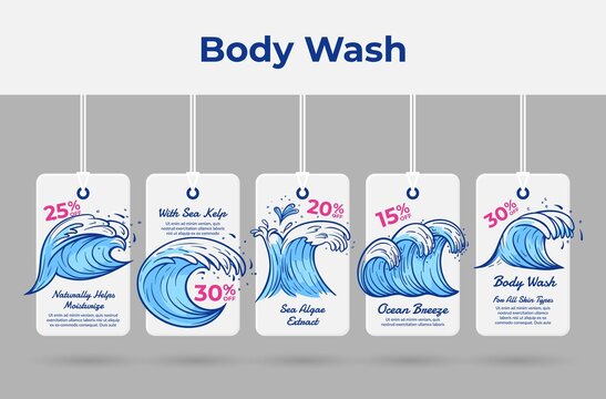 Ocean breeze body wash realistic tag rope collection vector illustration. Advertising sale discount