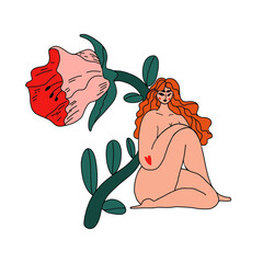 A young naked girl with red hair l sits behind her back a huge red blossoming flower. love for yourself tenderness and care. Illustration isolated on white background. Body positive 
