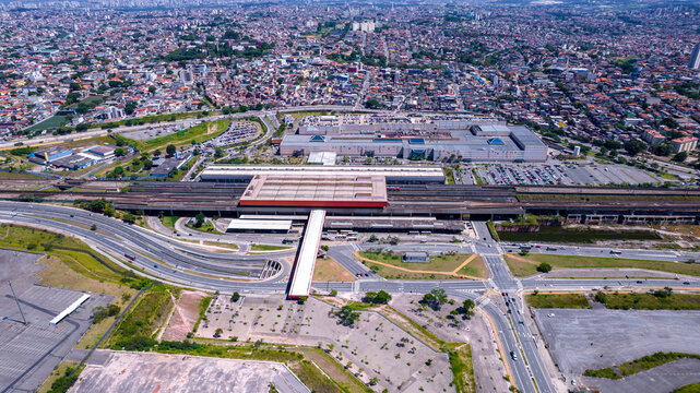 Sao Paulo Train Track, Brazil. In The Region Of Itaquera. Aerial View Of The Station