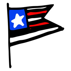 The icon is a colored flag of the USA. An American flag drawn in a doodle style, with red and white stripes and a white star on blue, an isolated element of patriotism on white for a design template