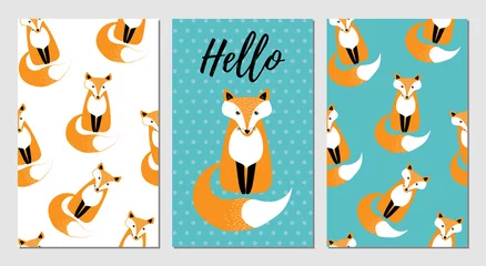 Fototapeten Set of cards with a fox. Hello vector poster © marianna_p
