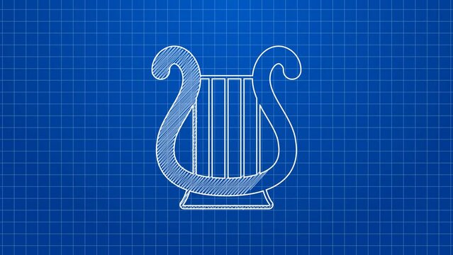 White line Ancient Greek lyre icon isolated on blue background. Classical music instrument, orhestra string acoustic element. 4K Video motion graphic animation