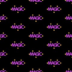 magic text seamless pattern, bright vector illustration on black background.