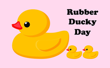 Holiday National Rubber Duck Day. Yellow cute duckling on a pink background. Waterfowl. Vector.