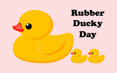 Holiday National Rubber Duck Day. Yellow cute duckling on a pink background. Waterfowl. 