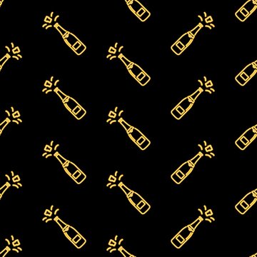 Champagne seamless pattern, bright vector illustration on a black background.