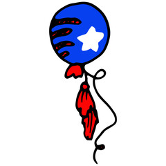 balloon icon in the colors of the American flag. a hand-drawn drawing of a round balloon with red, blue and white stripes. balloon with a star tassel and striped pattern geometrically arranged on a wh