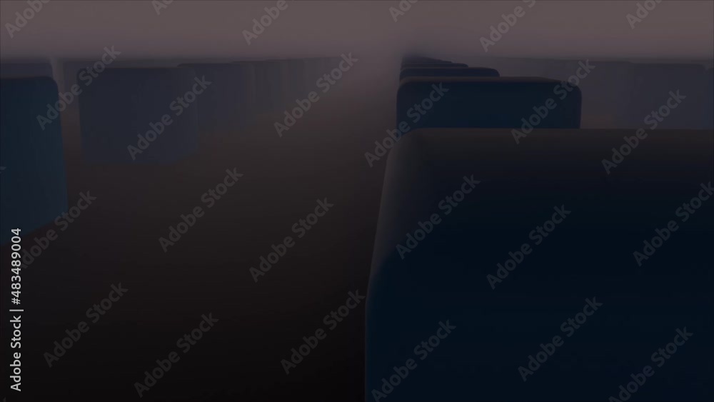 Poster Geometric rows 3d render of squares in futuristic darkened composition. Mystical digital landscape with abstract quadrangular columns and glimpses of rays of sun.
