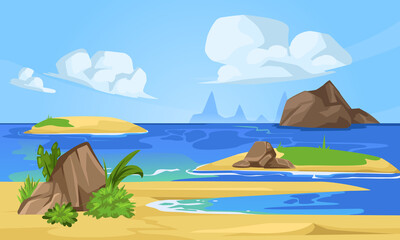 The landscape of a tropical beach. Natural landscape. Cloudy sky with blue sea and rocks. Cartoon summer background.