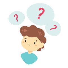 The concept of thinking, problem solving. Male persona with question mark over his head.