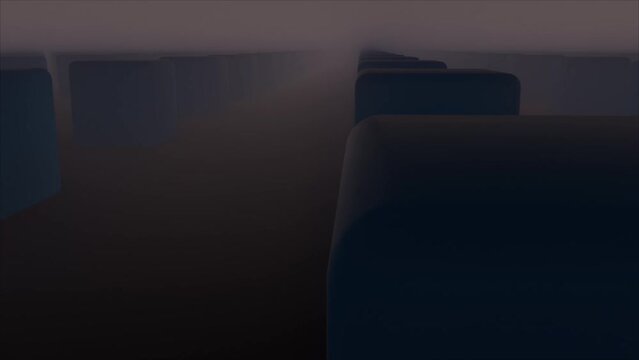 Geometric rows 3d render of squares in futuristic darkened composition. Mystical digital landscape with abstract quadrangular columns and glimpses of rays of sun.