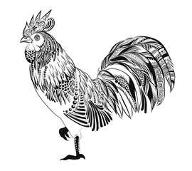 Rooster coloring book. Anti-stress illustration. Coloring for adult in zentangle style