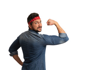 Naklejka premium Portrait of a man, a supporter of the feminist movement, wearing a denim shirt, and a white polka dot bandana. White background.
