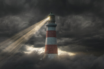 Fototapeta premium 3d rendering of an illuminated lighthouse over fluffy clouds and dark sky