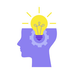 Profile human head thinking with bulb lamp and gear. Symbol creativity, idea, mind, thinking, innovation, knowledge, solution. Vector flat illustration concept. Design for banner, background, poster