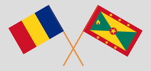 Crossed flags of Romania and Grenada. Official colors. Correct proportion