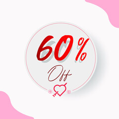 60 % Off Circular Illustrated Price Tag with decorative cupid heart and arrow, hearts and types in red and romantic style