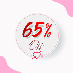 65 % Off Circular Illustrated Price Tag with decorative cupid heart and arrow, hearts and types in red and romantic style