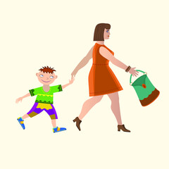 Mutter mit kleinem Sohn geht zum einkaufen. Vektor Illustration