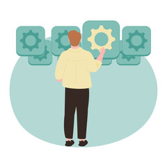 Man pushing gearwheel button and looking at dropdown menu. Concept of range of options, choosing between different features, selection of alternatives. Modern flat vector illustration for banner